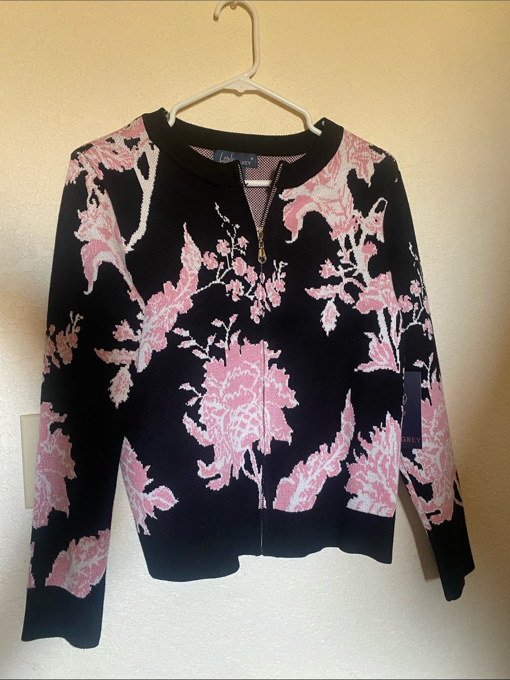 Lafayette 148 New York Black and Pink Floral Zip-Front Jacket